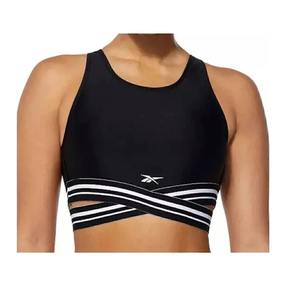 Reebok Women's Striped-Trim Swim Racerback Bikini Swim Top Black Size Large NWT - Picture 1 of 10